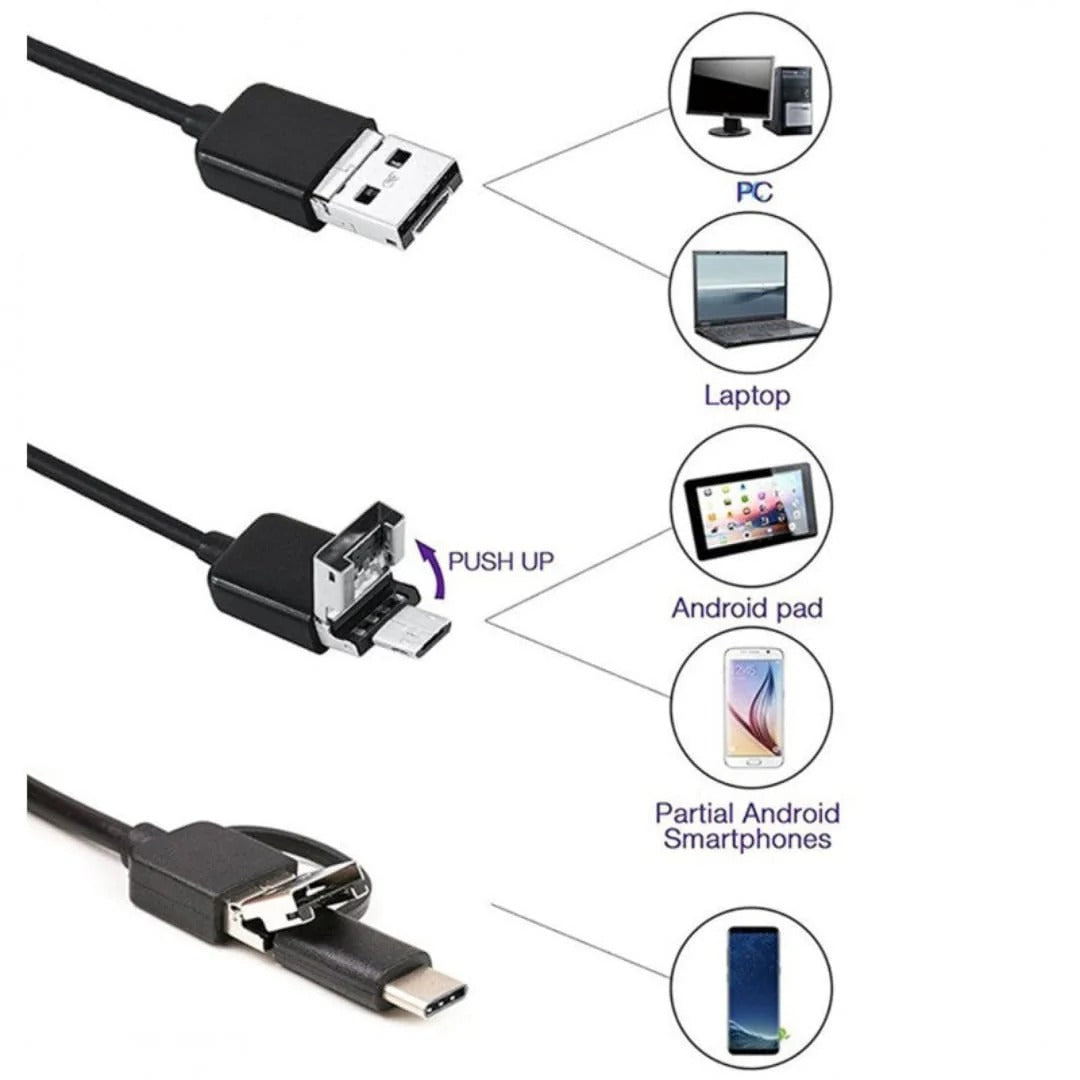 3-in-1 USB Endoscope Inspection Camera – Android, iPhone & PC Compatible | HD Borescope with LED Light